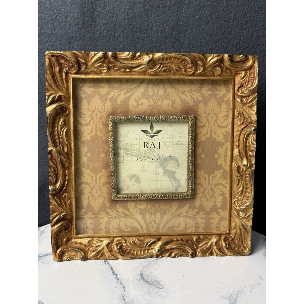Vintage Raj Collection Ornate Gold Scroll Heavy Resin Picture Frame 3.5x3.5" Pic